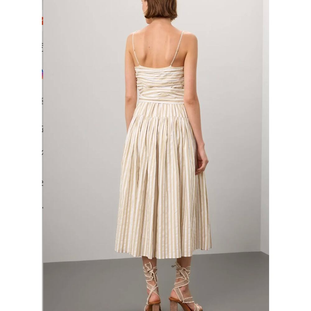 Toccin Brown Stripe Fit and Flare Midi Dress Size 12 Cotton Ruched Designer $475 - Picture 4 of 11